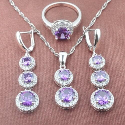 Elegant Design Purple Zirconia White CZ Womens Silver Color Jewelry Sets Necklace Pendant Earrings Ring TZ0489