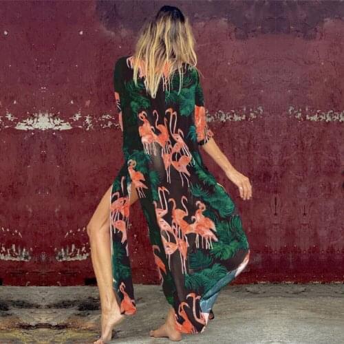 2021 Green Flamingos Boho Printed Chiffon Bikini Cover-ups Plus Size Beach Wear Kimono Dress Women Summer Swimsuit Cover Up A789