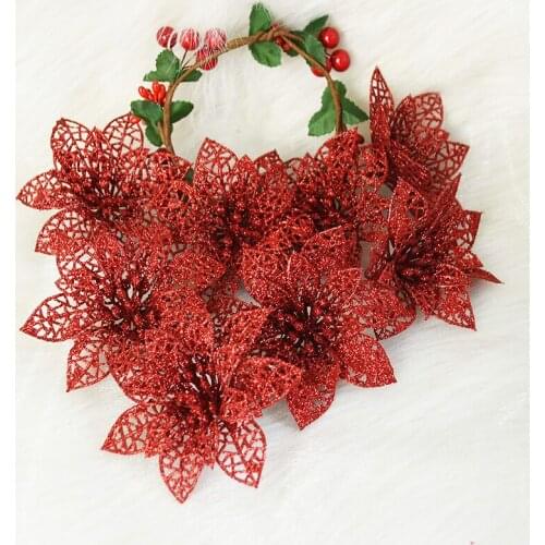 5Pcs Glitter Artificial Flowers Merry Christmas Ornaments Xmas Tree Decorations for Home New Year Wedding Party Decor