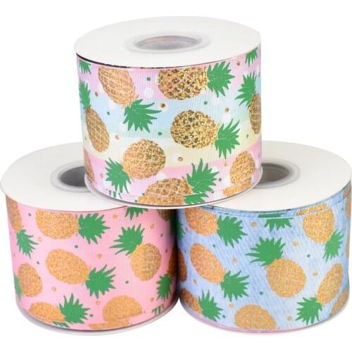 50yards 75mm Hologram Gold Foil Pineapple Grosgrain Ribbon fruit series For DIY Accessories Welcome Custom printed