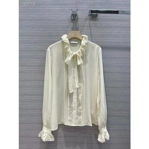 2021 Long Flare Sleeve Runway Designer High Quality Blouse Vintage Elegant Hollow Out Embroidery Silk Single Breasted Shirt