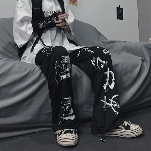 Harajuku Vintage Anime Print Elastic Waist Loose Wide Leg Pants Streetwear Grunge Dark Unisex Punk Y2K Dropshipping Women Pants