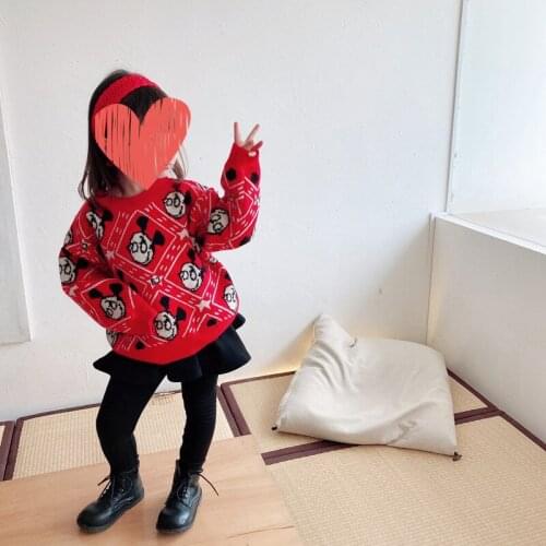 Disney Kids Sweater Mickey Childrens Tops Parent-child Wear Red Knitted Pullover Sweatshirts Christmas New Year Clothes
