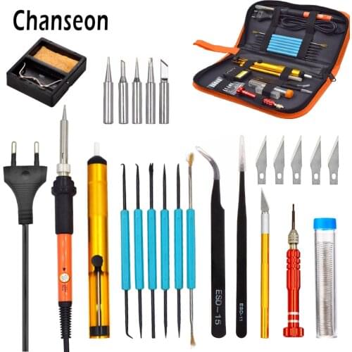 Chanseon EU 60W 220V Adjustable Temperature Electrical Soldering Iron Kit+5pcs Tips Welding Repair Tool Set with Tool Bag