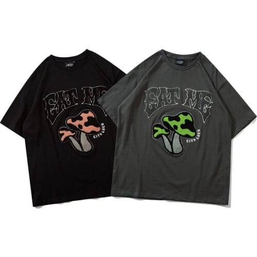 Mushroom embroidery hip hop Harajuku casual cotton couple T-shirt men 2021 round neck street trend loose short-sleeved top women