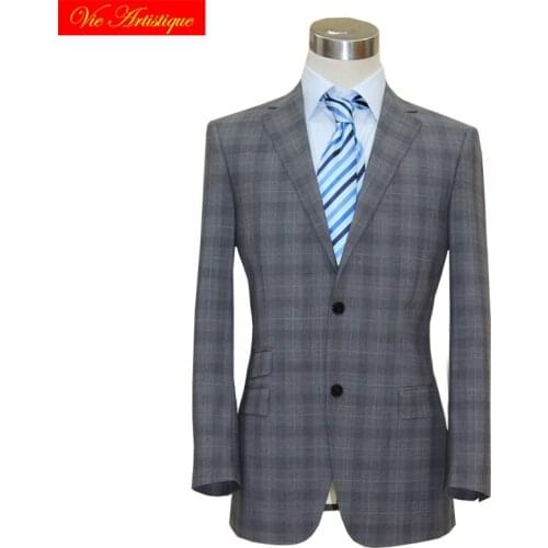 Custom tailor made Mens bespoke suit jacket pant business formal wedding ware coat grey whales plaid wool slim fit free ship