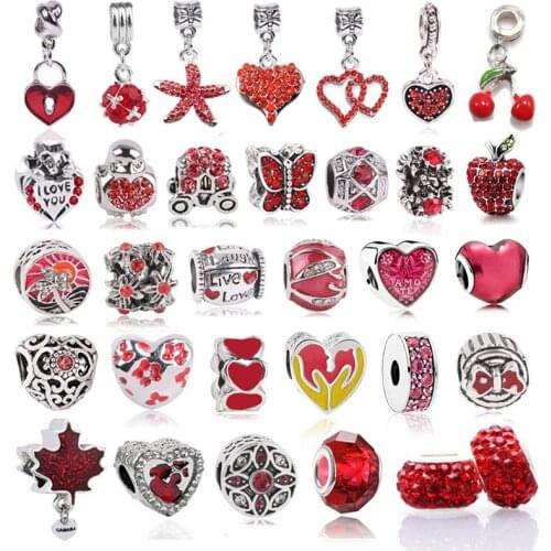 Jewoey Shion 2pc Cute Red Crystal Bird Bear Carriage Beads Charms Fits Brand Bracelets Necklaces For Women Jewelry Accessories
