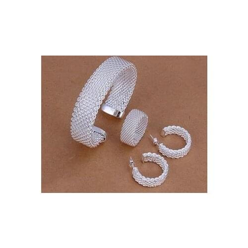 Wholesale Silver Plated Jewelry Sets 925 Free Shipping Fashion 925 Jewelry Sets Net Mesh Ring Earrings Bangle KN-S275