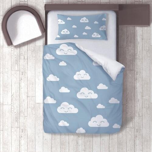 Duvet Cover Set Bedding Set Pillow Case for Baby and Kids Room 3D Printed Happy Cloud Light Blue White Model 019