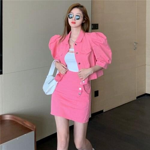 Korean loose short denim jacket top fashion high waist bag hip skirt casual suit summer fashion ensemble femme survetement