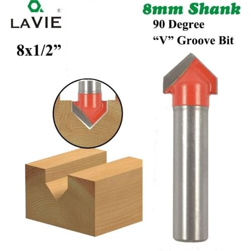 LA VIE 1pc 8mm Shank 90 Degree V Groove Bit 1/2 Inch CNC Engraving Solid Router Bit Carbide Milling Cutter Wood Drilling MC02019