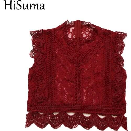 HISUMA Summer Women O-Neck Sleeveless Hollow Lace Flower Mesh Gauze Basic Ruffle Shirt Lady Short Slim Pullover Chic Blouse Tops