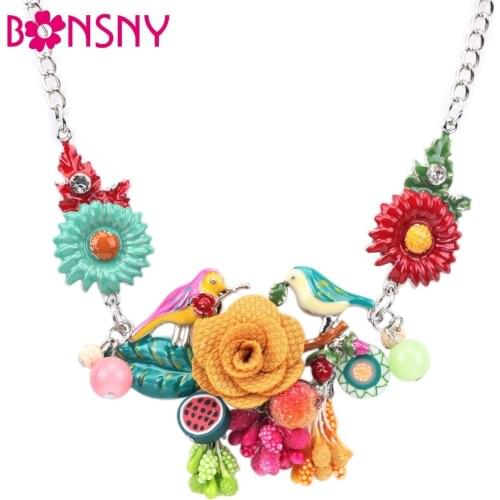 Bonsny Statement Choker Enamel Flower Necklace Alloy Bird Metal Chain Pendants 2016 New Jewelry For Women Charm Accessories
