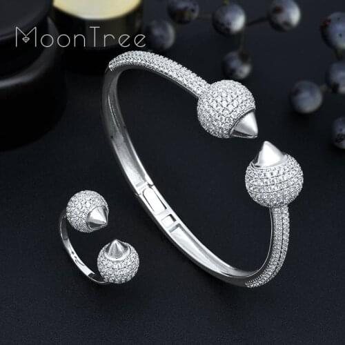 MoonTree Extreme Luxury Bubble Ball Cluster Cubic Zirconia Women Brand Bijoux Wide Bangle Ring Sets Party