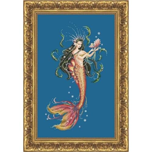 Pearl of the ocean cross stitch kit beads pattern design 18ct 14ct 11ct denim blue canvas embroidery DIY needlework