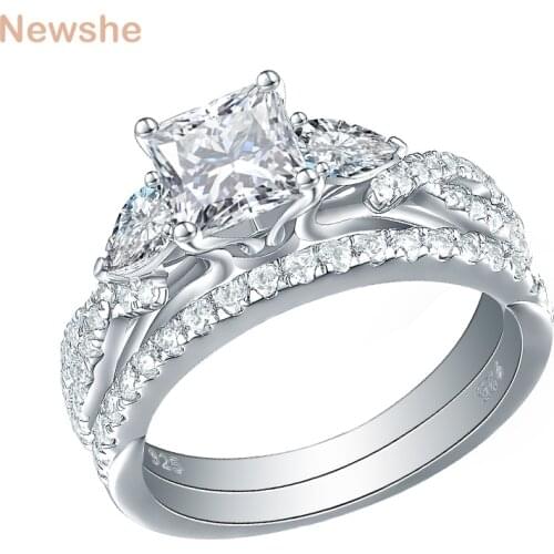 Newshe 2 Pcs Wedding Ring Set Trendy Jewelry 925 Sterling Silver 2.3 Ct Princess Cut AAA CZ Engagement Rings For Women
