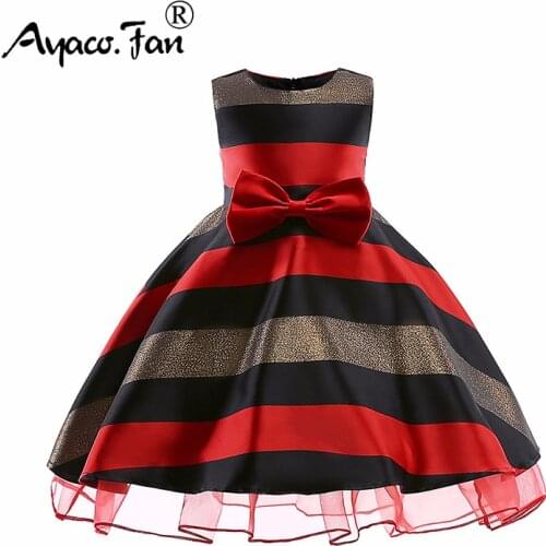 Girls Dress 2019 New Summer Striped Mesh Patchwork Girls Clothes Bow Princess Dress with Ribbon Children Baby Kids Pleated Dress