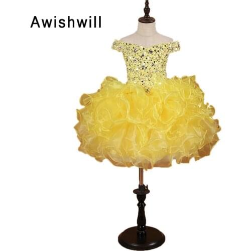 2020 Girls Pageant Dresses Ball Gown Organza Off The Shoulder Knee-Length Ruffles Beaded Pretty Flower Girl Dresses Yellow
