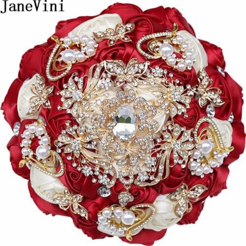 JaneVini Luxury Gold Crystal Jewelry Wedding Bouquets Ribbon Red Ivory Flowers Artificial Satin Roses Bridal Bouquet Accessories