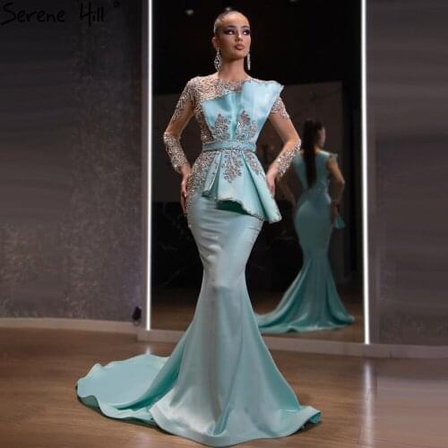Serene Hill Blue Luxury Beaded Satin Mermaid Evening Gown 2021 Long Sleeves Elegant For Women Formal Party Dress CLA71180