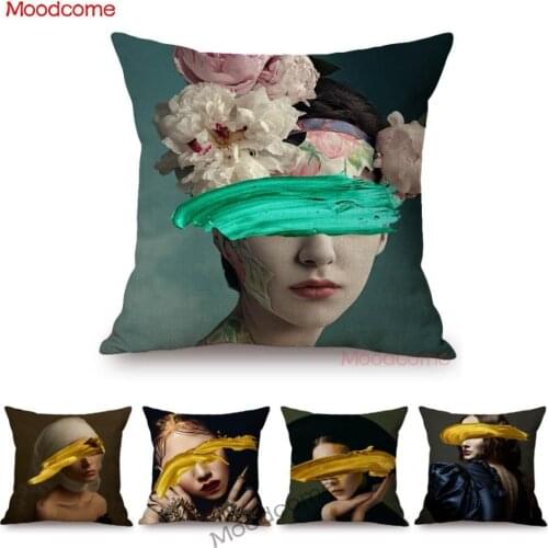 Modern Art Fashion Lady Girl Floral With Gold Paint Blind Eyes Mild Luxury Metallic Art Sofa Cushion Cover Linen Car Pillow Case
