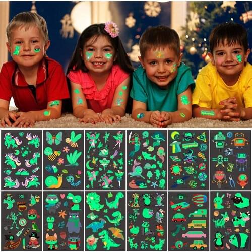 Luminous Temporary Tattoos for Kids, 12 Sheets Glow In Dark Temporary Tattoos Stickers with Unicorn Dinosaur Mermaid Pirate Rob