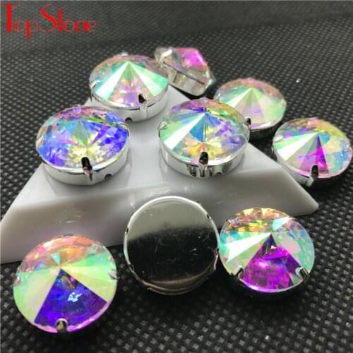 TopStone High Quality AB Rivoli round glass Crystal Sew on rhinestone Silver Claw Setting garment accessories diy