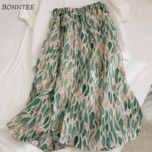 Skirts Women Print Chiffon Gentle High Waist A-line Elegant Casual Summer All-match Mid-calf Large Size Breathable Korean Style