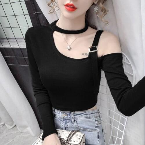 Wenfly Womens Clothes O-Neck Sex Long Sleeve T-shirt Korean Slim Irregular Off Shoulder Tops Casual Harajuku Female