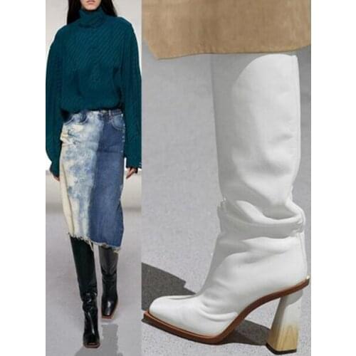 Linamong Woman Fashion Black Beige White Gradient Heels Knee High Boots Square Toe Slip On Tube Long Knight Boots Shoes Lady