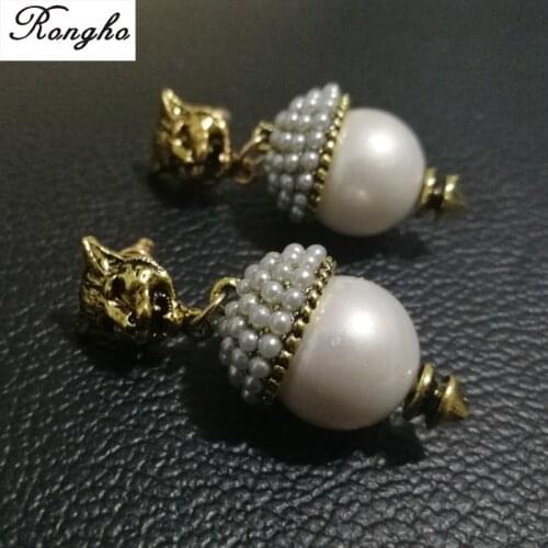 New Brand Vintage Pearl Leopard Stud Earrings for Women Fashion Jewelry Metal Earring Pendant Antique Gold Brincos Female Bijoux
