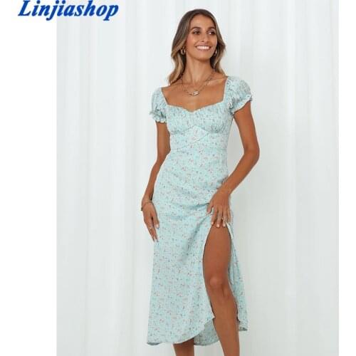 Blue Floral Slim Waist Cross Long Dress Women Backless Summer Dress Heart Collar Split Sexy Dresses Party French