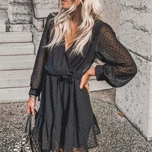 Lantern Sleeve Deep V Neck Dress Women Spring Summer Jacquard Ruffles Dresses Woman Mini Dress