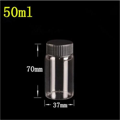 37*70*24mm 50ml Glass Bottles With Plastic Screw Cap Transparent Empty Glass Gift Bottles Jars Black Lid 12pcs Free Shipping