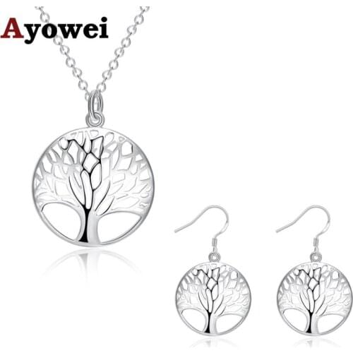 Ayowei Round Pendants Earrings Set for women AAA Zirconia Crystal Silver Fashion Jewelry Set Necklace JS695A