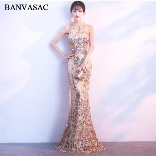 BANVASAC Vintage Halter Sequined Mermaid Long Evening Dresses Lace Party Off The Shoulder Zipper Back Prom Gowns