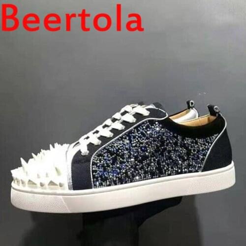 Beertola New Casual Men Shoes Mixed Color Bling Crystal Street Style Fashion Boys White Rivets Round Toe Lace Up Chaussures Male