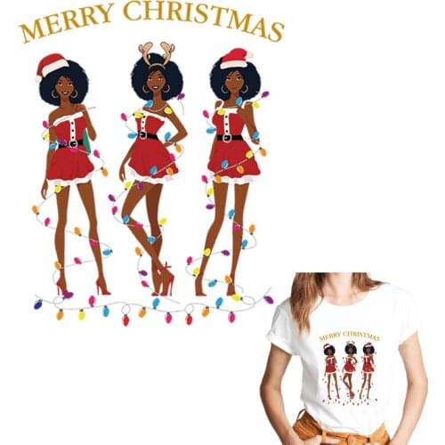 Black Girl Heat Sticker On T-shirt DIY Washable Iron On Transfer For Clothing Merry Christmas Appliqued Patches On Clothes Decor