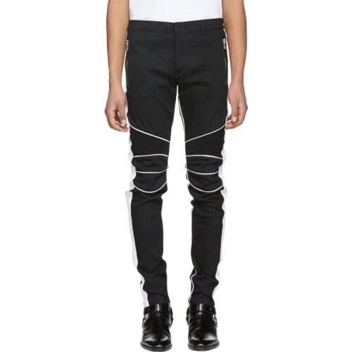 Euro High Street Fashion Mens Slim Fit Motorcycle Pencil Pants White Striped Jeans Long Trousers Plus Size 42 Biker Denim Pants