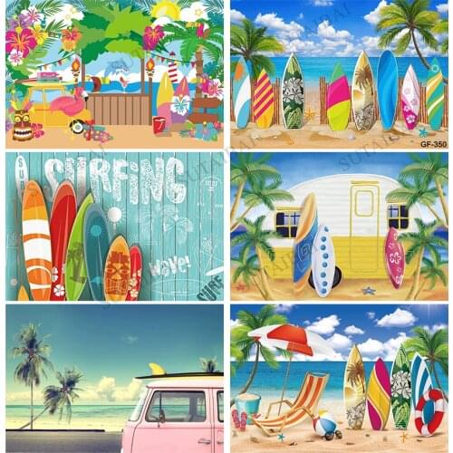 Summer Surfboard Camping Beach Party Photography Backdrop Palm Seaside Tropical Hawaiian Island Car BBQ Holiday Background