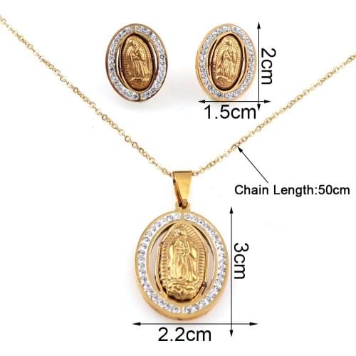 Stainless Steel Virgin Mary Necklace And Earrings Set With Rhinestone Border Gold Catholic Religious Jewelry For Women