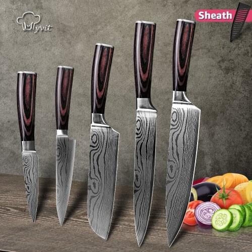 Kitchen Knife Set 7CR17 440C Stainless Steel Damascus Drawing Gyuto 1-5pcs Paring Utility Cleaver Chef Knives Slicer High Qualiy