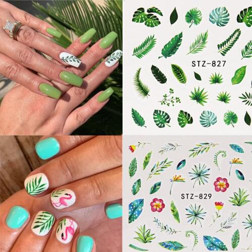 New 1pcs Water Nail Decal and Sticker Flower Leaf Tree Green Simple Summer Slider for Manicure Nail Art Watermark Tips Manicure
