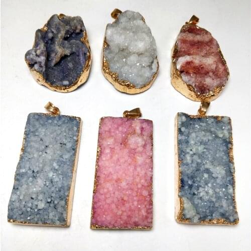 Natural Plating Color Mineral Crystal Geode Pendant With Gilded Edge Oval And Rectangle Druse Necklace Jewelry Ornaments