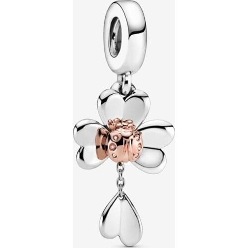 100% 925 Sterling Silver Beads Rose Gold Clover and Ladybird Dangle Charm Fits Original Pandora Bracelet Women DIY Jewelry Gift