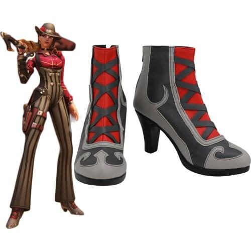 Game OW Hero Ashe Grey Shoes Cosplay Ahe High Heel Leather Boots Custom Made for Halloween Comic-con Cosplay