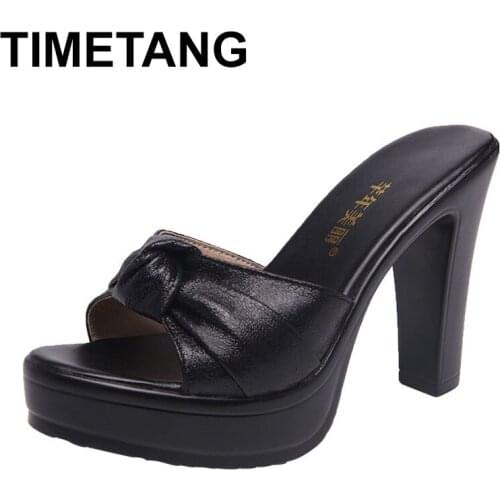 TIMETANG Plus Size 32-43 Block Heel Platform Slippers Women Wedding Shoes Gold Red Summer 2020OL High Heels Slides Ladies Office