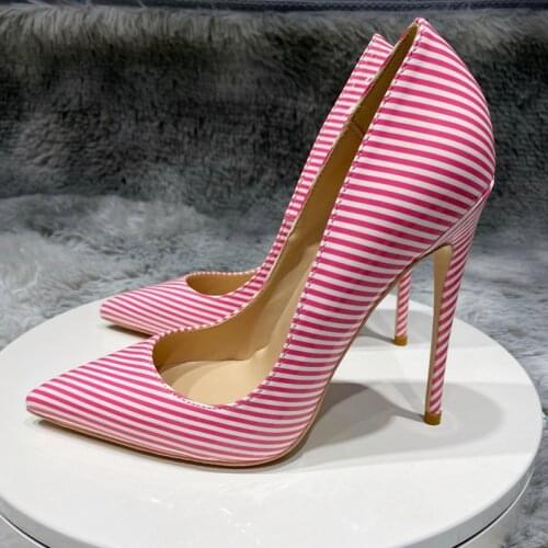 Pink Stripe Printed PU Leather Pumps For Women Pointed Toe Thin High Heels Gladiator Woman Party Office Dress QP116 ROVICIYA