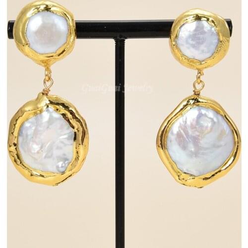 Jewelry Yellow Gold Plated natural white coin freshwater pearls Earrings