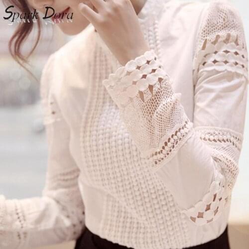 SparkDora Women Tops And Blouses New 2019 Fashion Slim Long Sleeve White Blouse Shirt Lace Crochet Hollow Out Plus Size Clothes